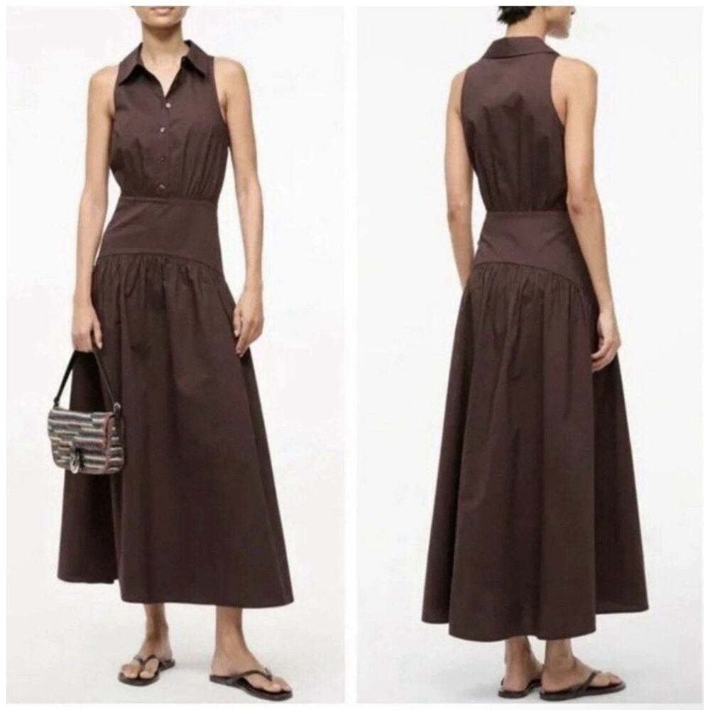 Staud Romy Midi Dress Earth Cafe Brown Sleeveless Collared Drop Waist Size 12